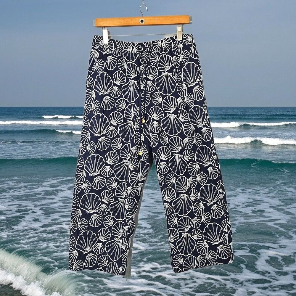 Cynthia Rowley Embroidered Seashell Wide Leg Vacation Pants Navy Size Large